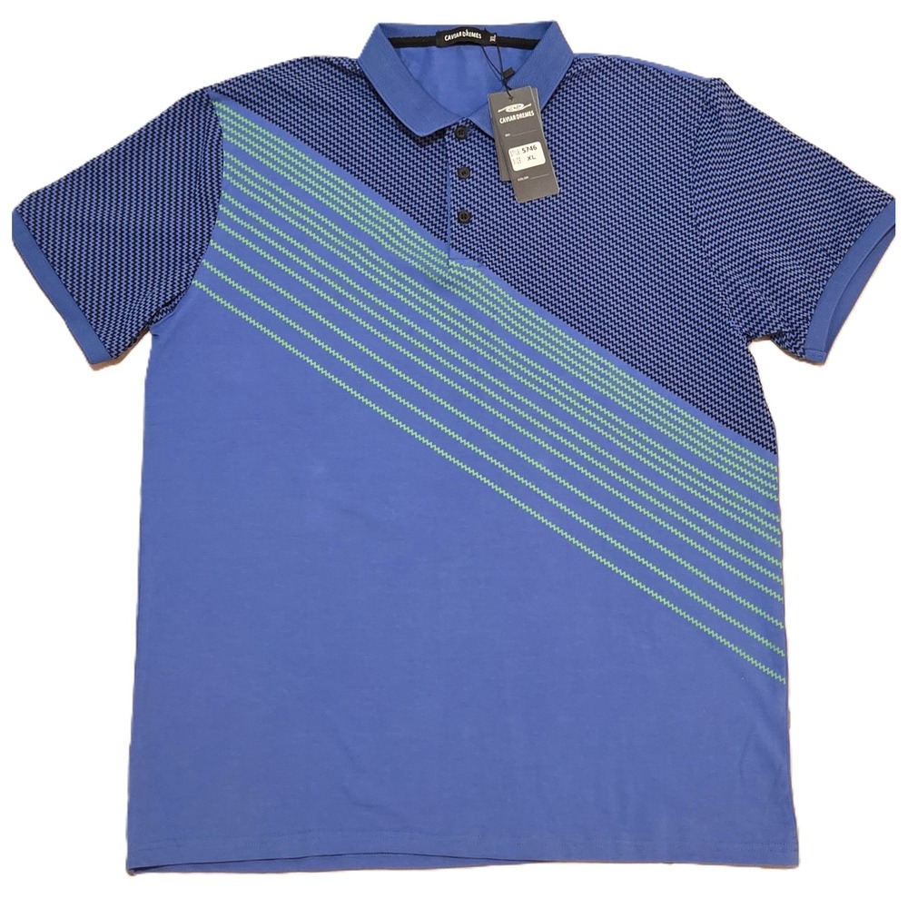CAVIAR‎ DREMES Mens XL Blue Geometric Stripe Golf Polo Shirt
